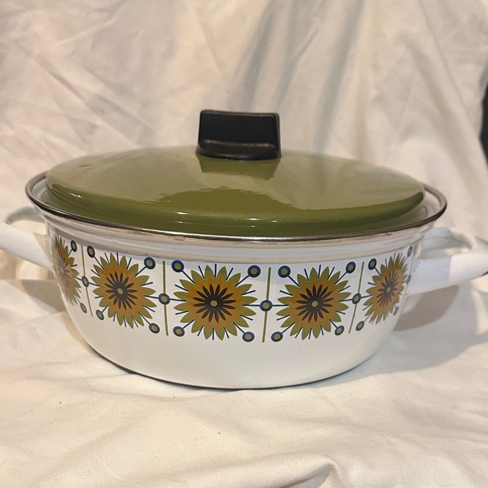 Vintage Austria Enamel Floral Casserole Dish with Lid - Green and White